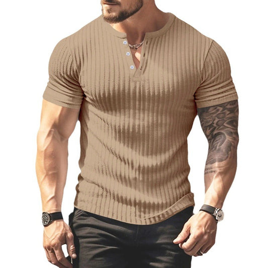 Men's Casual Short Sleeve T-shirt Summer Sunken Stripe V-neck Slim Fit Henley Shirts Basic Tops