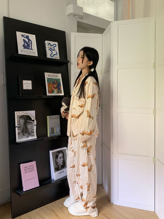 Cute Puppy Printed Long-sleeved Pajamas Trousers Home Wear Two-piece Set by http://Loyshop.shop