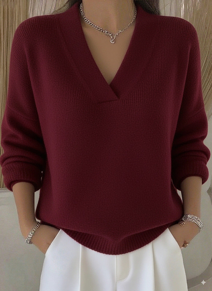 Elegant Soft V-neck Long Sleeve Women's Sweater Knitted Loose Sweater Autumn And Winter New Solid Color Casual Fashion Women's Knitted Sweater