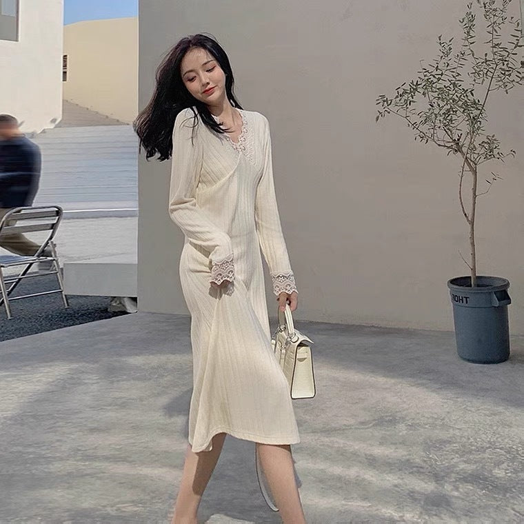 Retro Lace Knit Dress Women