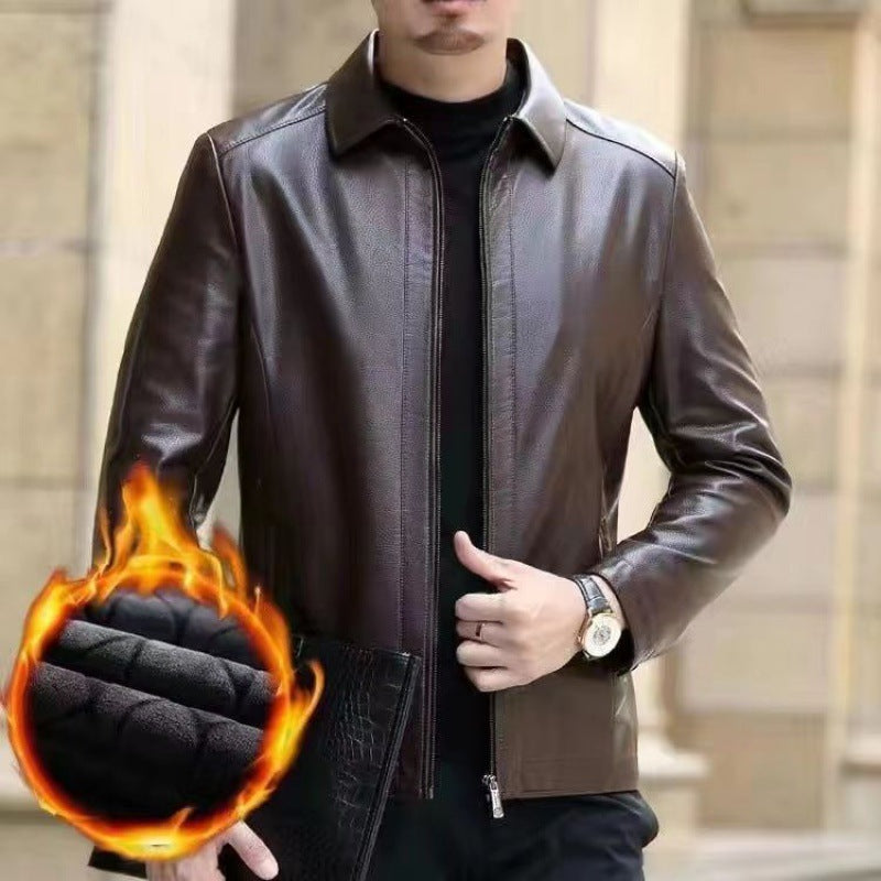 Leather Jacket For Middle-aged Men Leather Clothing With Stand Collar Men Fleece-lined by http://Lolyshop.shop