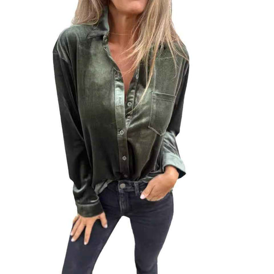 Women's Velvet Long-sleeved Single-breasted Shirt Casual Lapel Long Sleeve Solid Color Tops Daily Wear