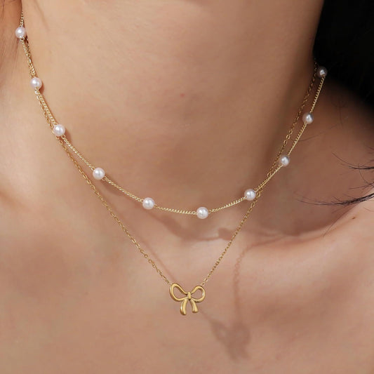 Simple Pearl Double Layer Choker Fashion Gold Color Necklaces Chain Small Bow Pendant Necklace Jewelry Gifts For Women Fashion Jewelry Valentine's Day Gifts by http://Lolyshop.shop
