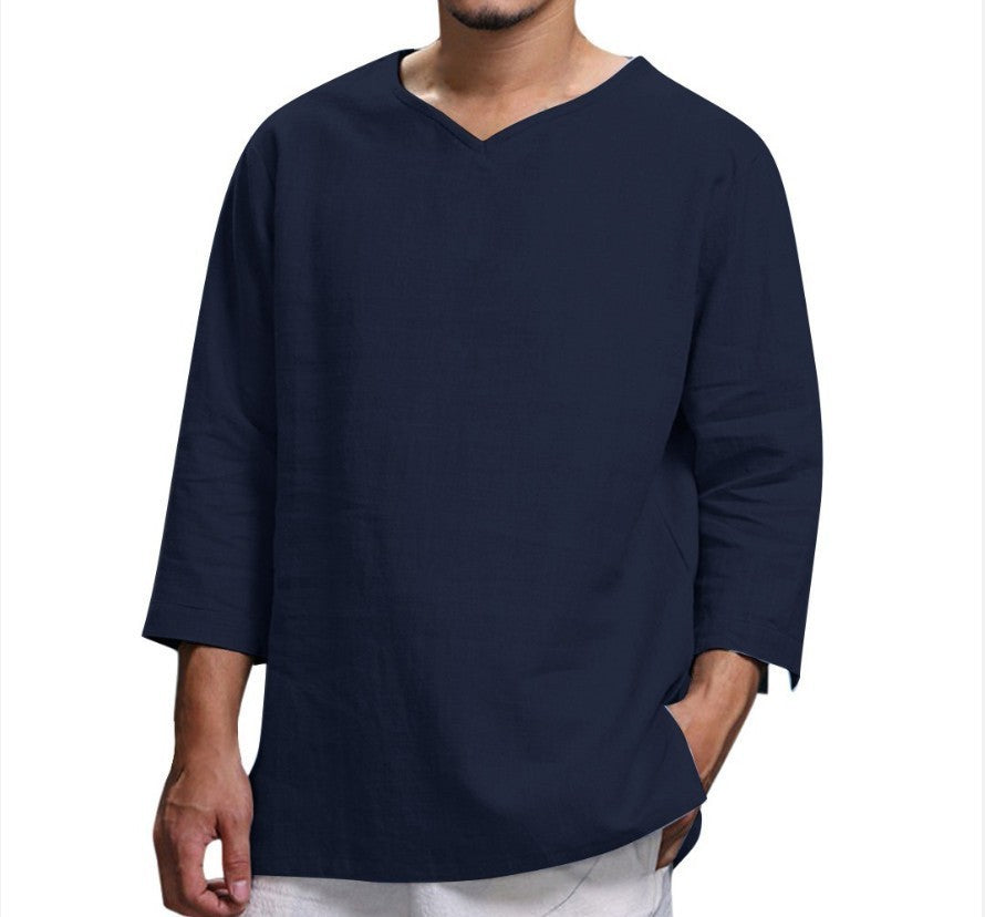 Loose Casual V-neck Top Cotton And Linen Long Sleeve Pullover Shirt Mens Clothing by http://Lolyshop.shop