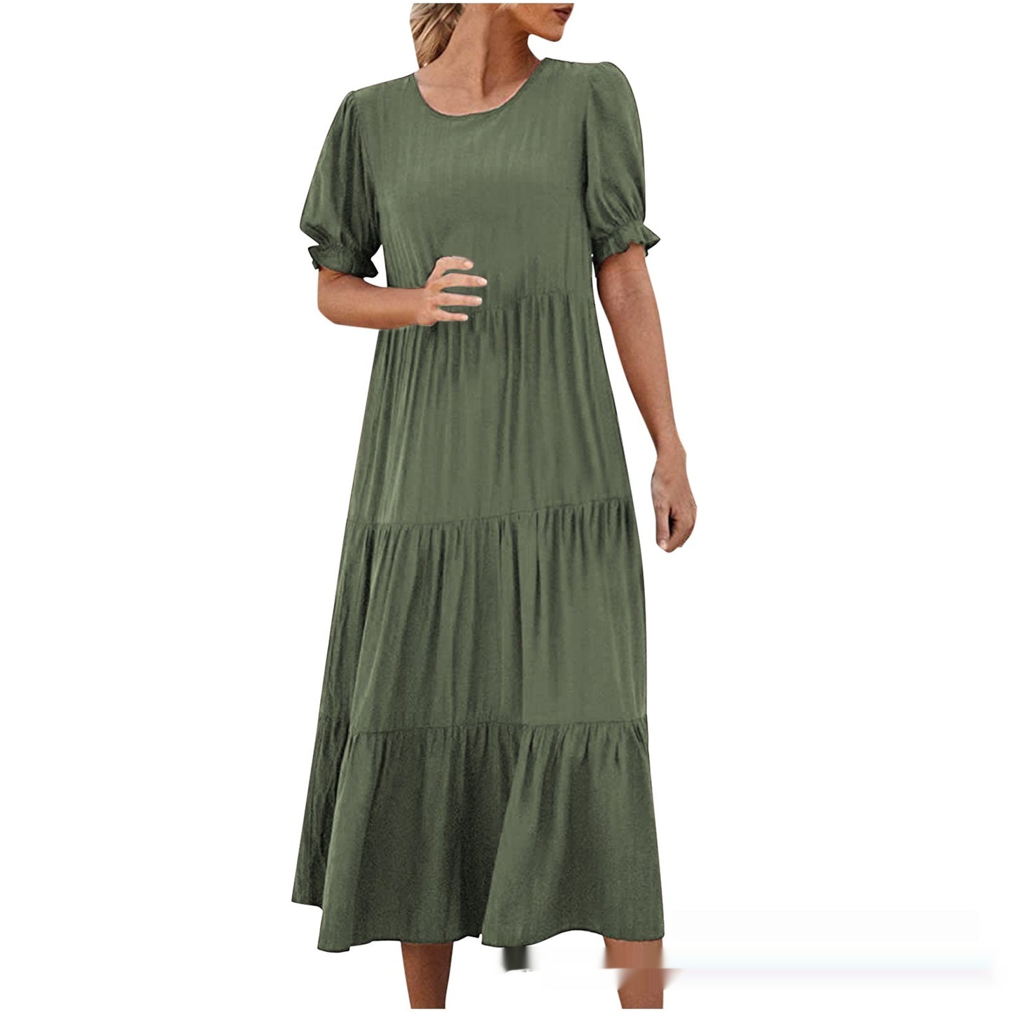 Printed Solid Color Round Neck Short Sleeves Casual Pleated Swing Dress Women