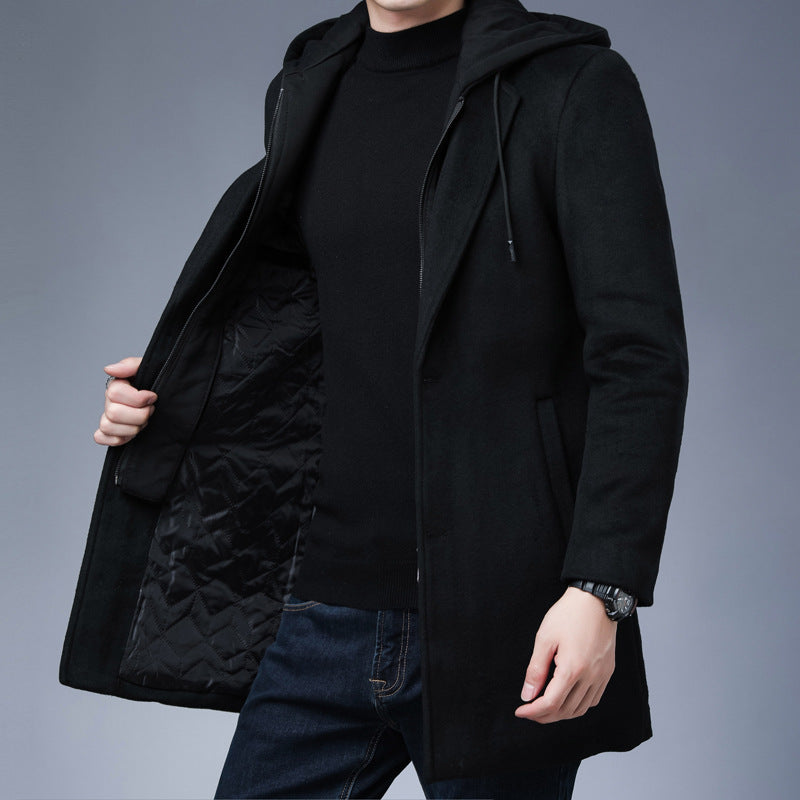 Mens Detachable Hooded Woolen Winter Coat Jacket Mid-Length Single Breasted by http://Lolyshop.shop