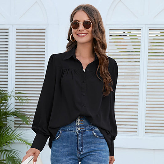 Women's Solid Color Simple Chiffon Pleated Long-sleeved Shirt by http://Lolyshop.shop