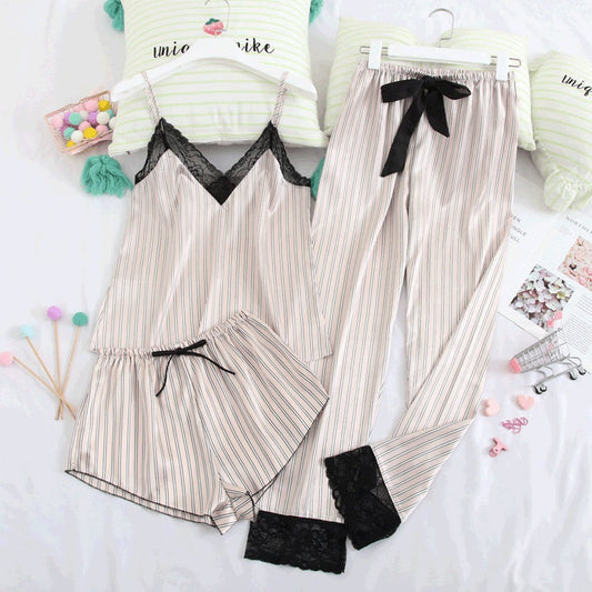 Thin Sling Home Pajamas Set Spring And Summer Three-Piece Pajamas Ladies V-Neck Silk Casual Home Wear Europe And America by http://Lolyshop.shop