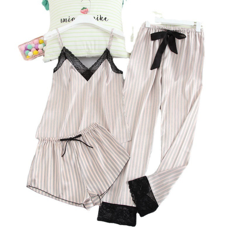 Thin Sling Home Pajamas Set Spring And Summer Three-Piece Pajamas Ladies V-Neck Silk Casual Home Wear Europe And America