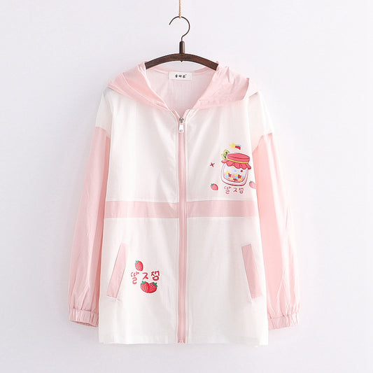 College Style New Strawberry Bottle Print Hooded Jacket Sunscreen Shirt Wearing Clothes Tide by http://Lolyshop.shop