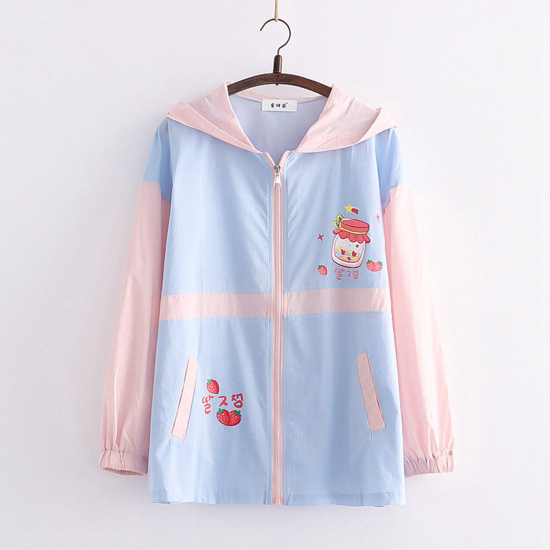 College Style New Strawberry Bottle Print Hooded Jacket Sunscreen Shirt Wearing Clothes Tide by http://Lolyshop.shop