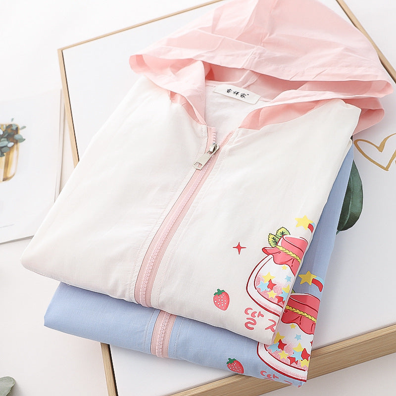 College Style New Strawberry Bottle Print Hooded Jacket Sunscreen Shirt Wearing Clothes Tide by http://Lolyshop.shop