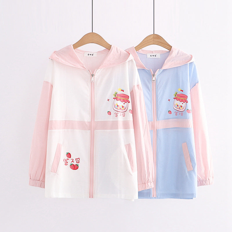 College Style New Strawberry Bottle Print Hooded Jacket Sunscreen Shirt Wearing Clothes Tide by http://Lolyshop.shop
