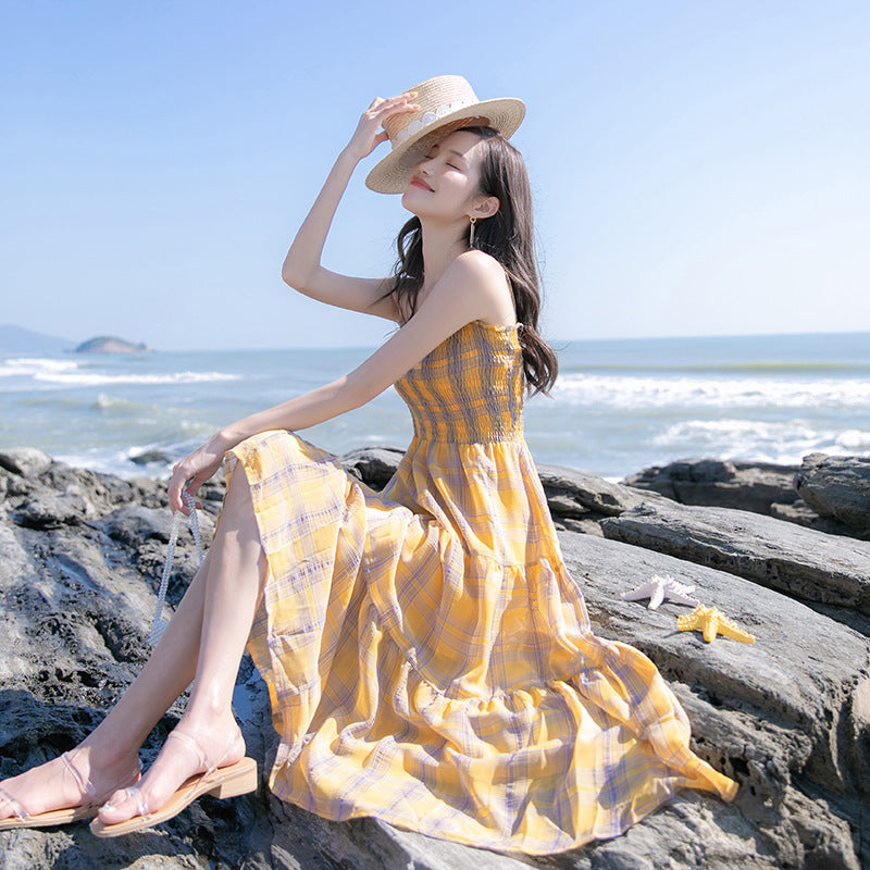 Plaid Sling Chiffon Dress Women
