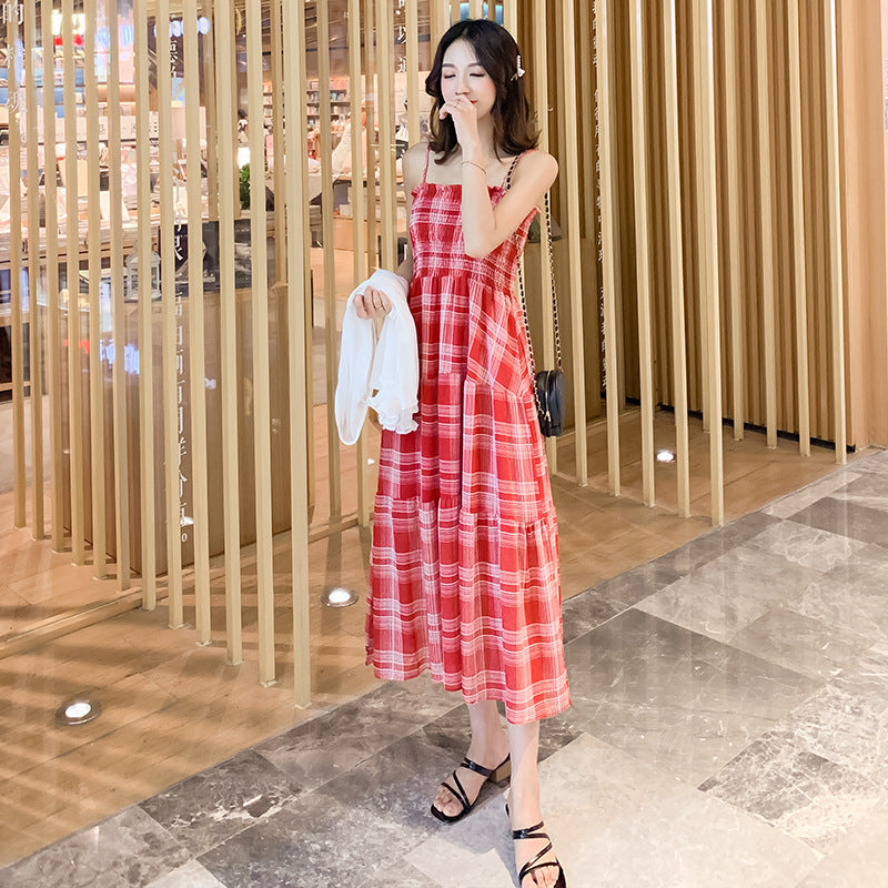 Plaid Sling Chiffon Dress Women