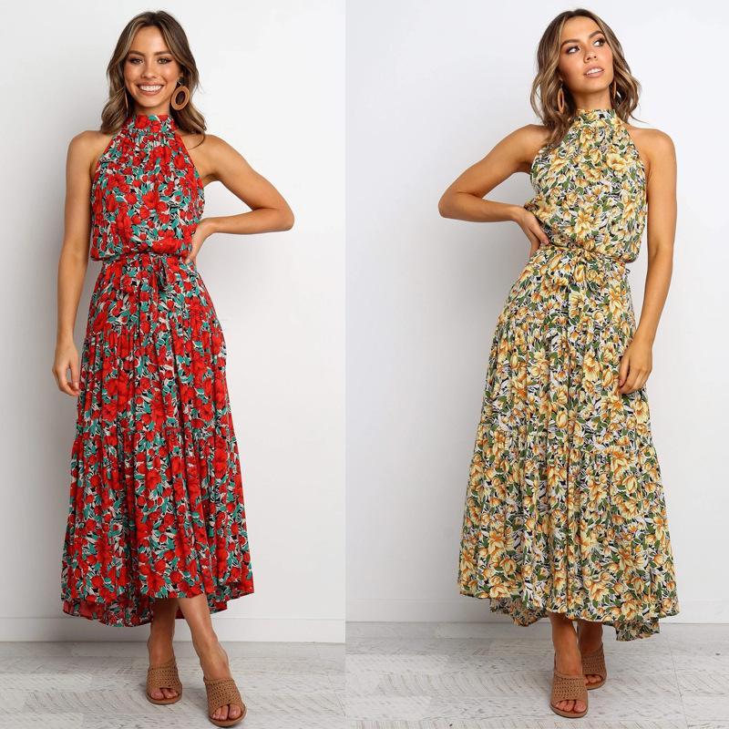 Floral Halter Strap Large Swing Dress Women's Clothing