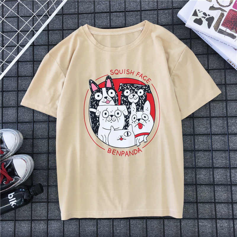 Japanese T-shirt, Chao Brand, Short-sleeved Men and Women\'s Retro Lovers\'T-shirt, Dog Printed Summer Class Clothes