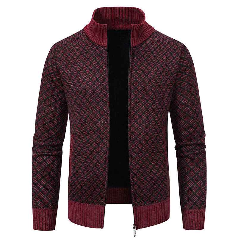 Thickened Plaid Print Jacket Cardigan Fashion Slim Fit Zipper Stand Collar Sweater Winter Men's Casual Long Sleeve Knitted Top Clothing