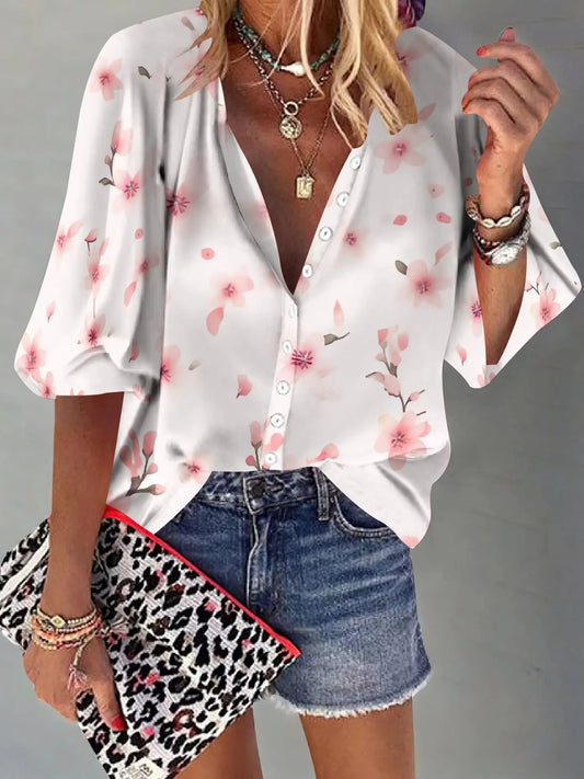 Womens Summer Petite Pink Flower Graphics Blouse Casual Short Sleeve V Neck Shirt Loose Printed Cuffed Sleeve Flower Tops by http:// Lolyshop.shop