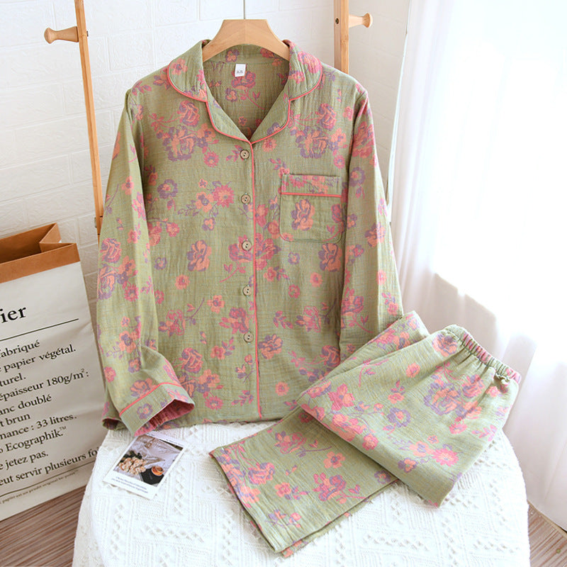 New Polo Collar Pajamas High-end Home Wear Vintage Yarn-dyed Popular Women's Pajama Suit