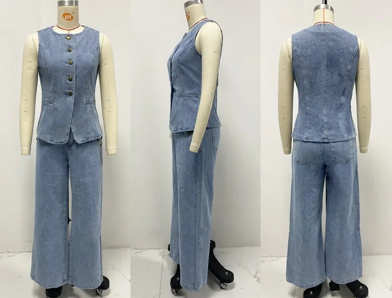 Denim Vest Tops Button Wide Leg Denim Pants Women Jeans Sets Denim 2 Piece Sets Vests Outfits Summer Tank Tops Jeans by http:// Lolyshop.shop