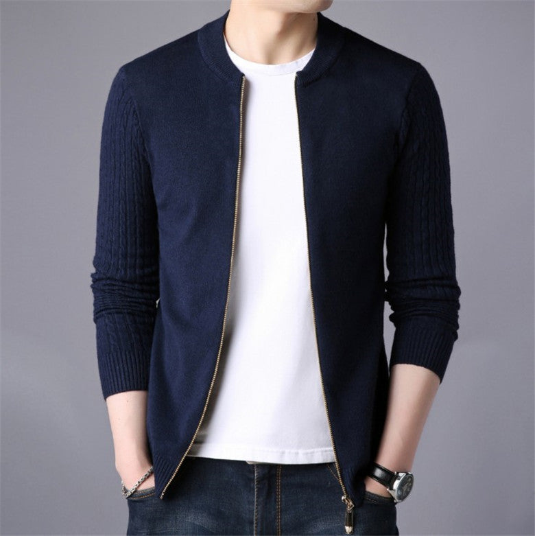 Solid Color Twist Knit Cardigan With Zip Sweater Coat