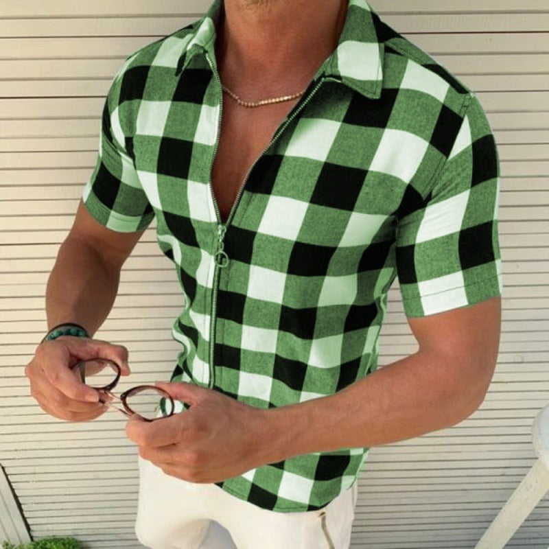 Plaid T Shirt Mens Zipper Short Sleeve Shirts Summer Men Clothing by http://Lolyshop.shop