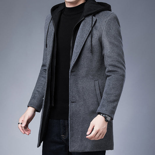 Mens Detachable Hooded Woolen Winter Coat Jacket Mid-Length Single Breasted by http://Lolyshop.shop