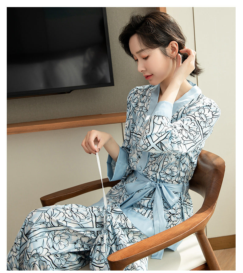 Long Sleeve Ice Silk Classic Style Silk Sexy Home Wear Can Be Worn Outside