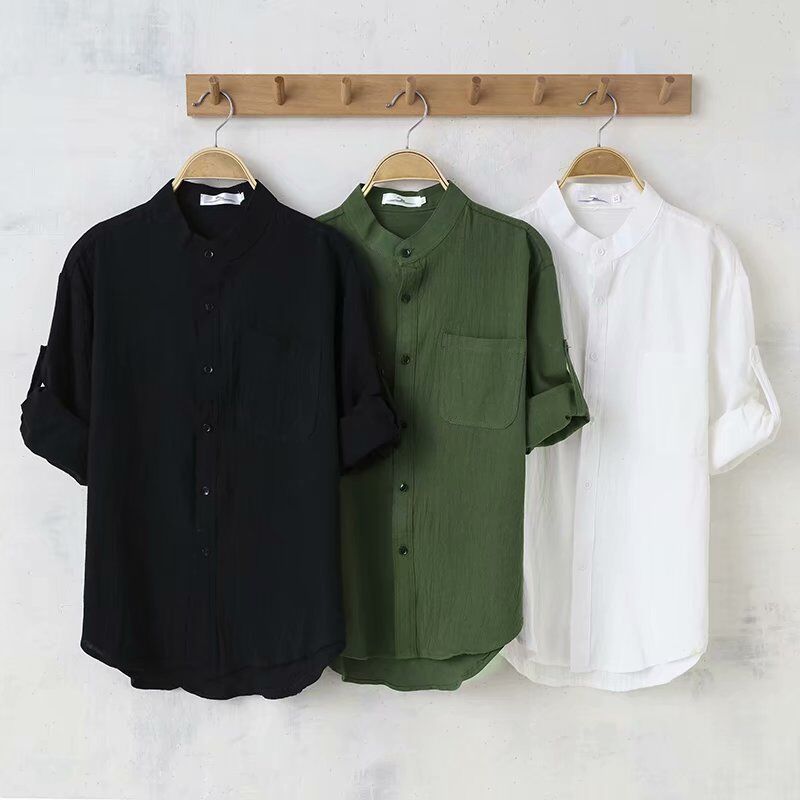 Men's Linen Stand Collar Loose Shirt by http://Lolyshop.shop
