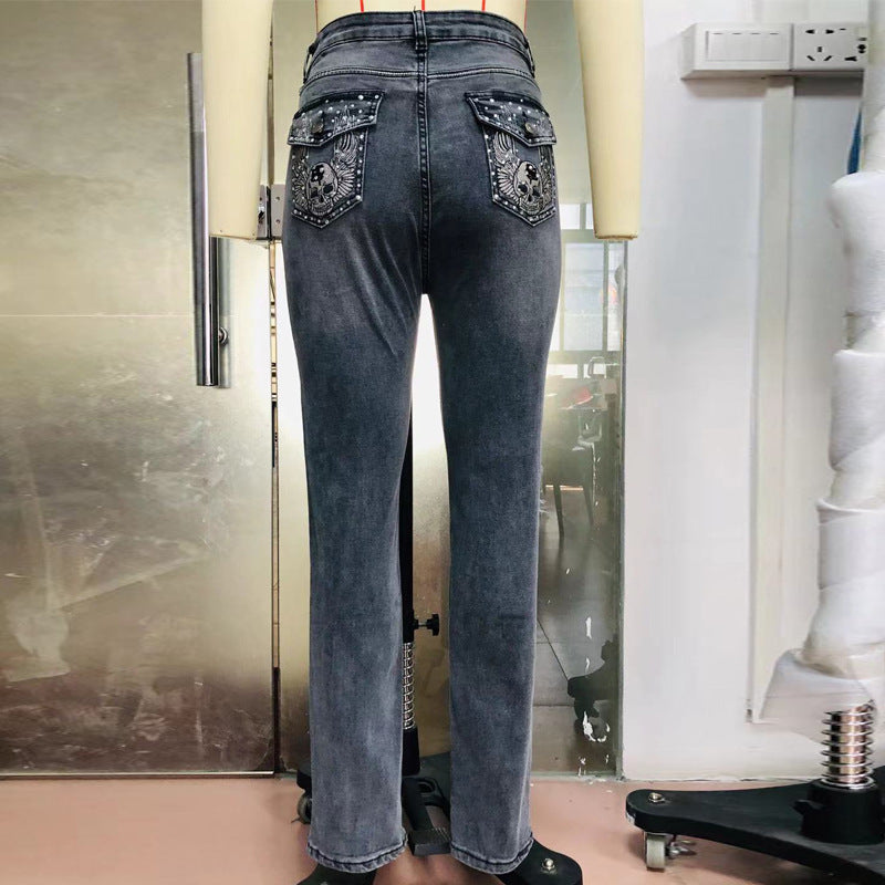 New Retro Embroidered Skull High Waist Slim Jeans Women