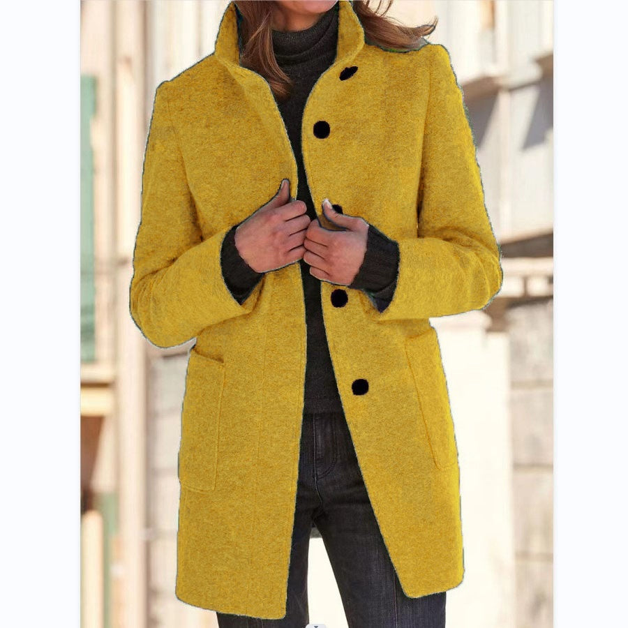 Fashion Stand Collar Woolen Coat With Pockets Fall Winter Casual Button Outwear For Women Clothing - Http:// Lolyshop.shop
