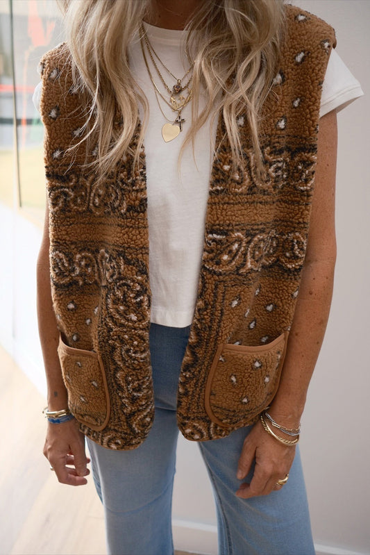 Beige Lambswool Paisley Printed Pocket Western Fashion Camisole Jacket - Http:// Lolyshop.shop