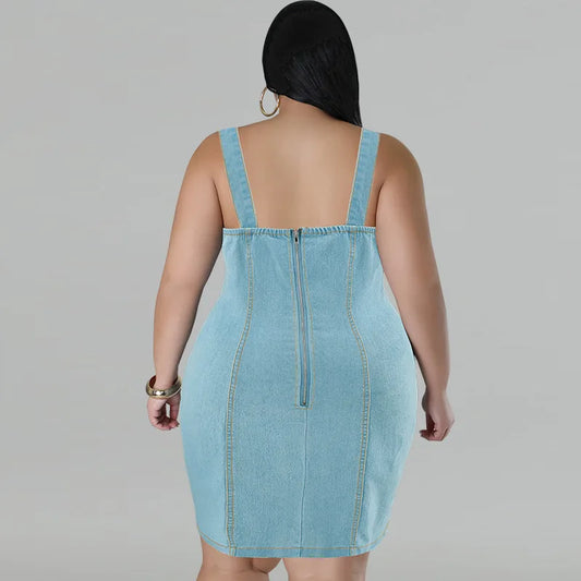 Europe and America Street Trend Women's Plus Size Denim Halter Dress, Summer New Fringe Sleeveless Slim-fit Short Denim Dresses by http:// Lolyshop.shop
