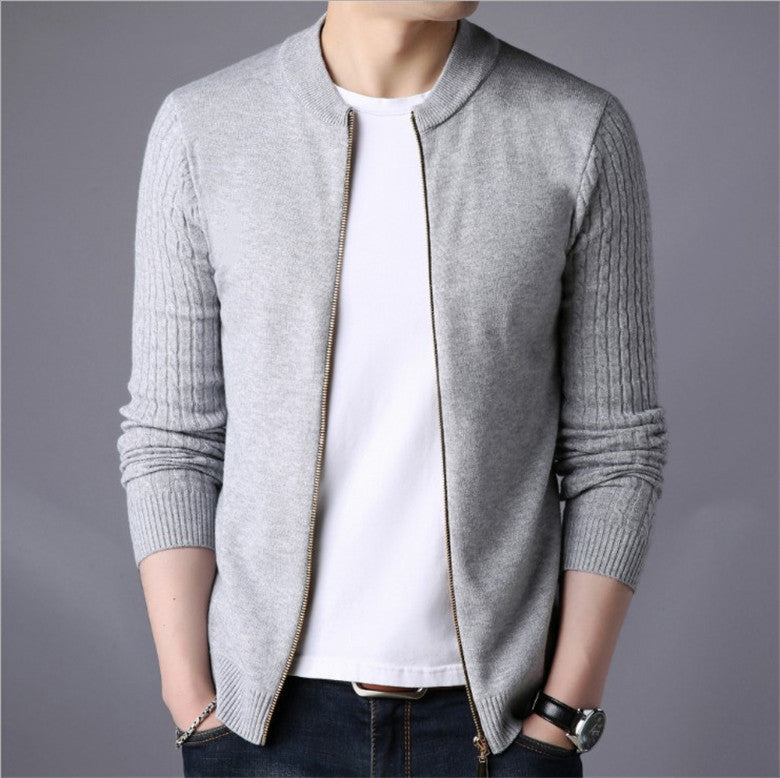 Solid Color Twist Knit Cardigan With Zip Sweater Coat