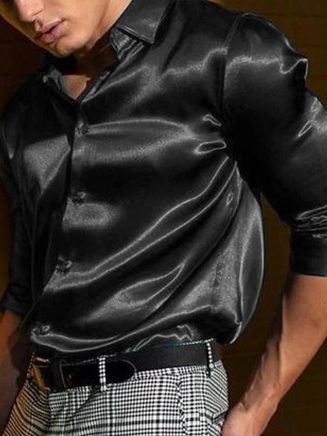 Men's Shirt Fashion Shiny Surface Lapel Long Sleeve Solid Color by http://Loyshop.shop