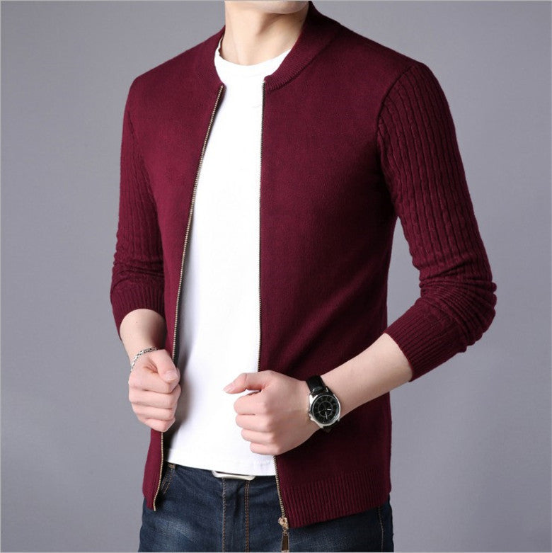 Solid Color Twist Knit Cardigan With Zip Sweater Coat
