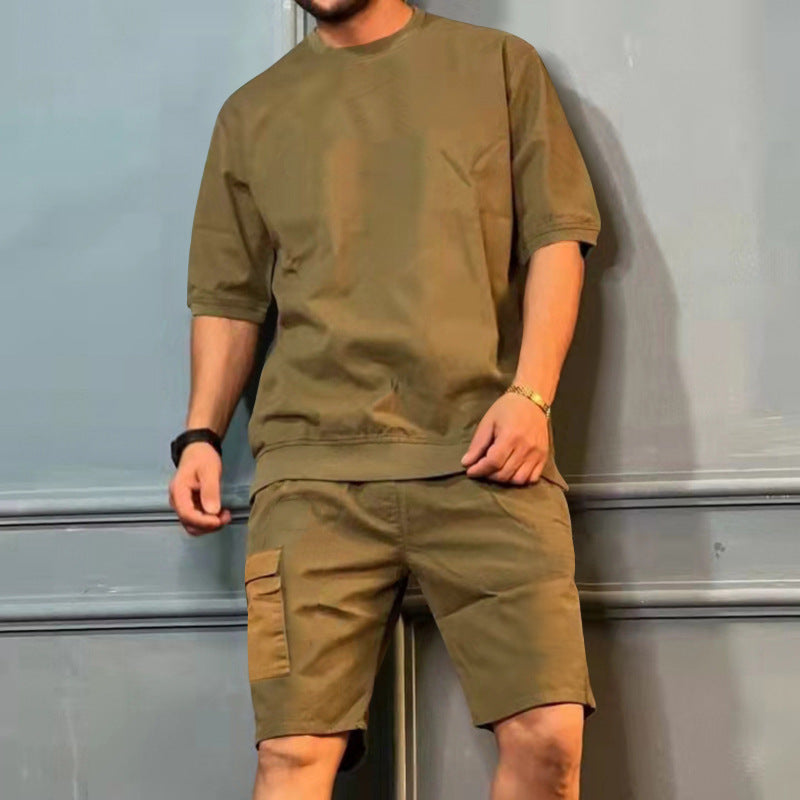 Men's Sports Suits Summer Round Neck Short-sleeved Top And Multi-pocket Shorts Casual Trendy 2pcs Set Clothing by http://Lolyshop.shop