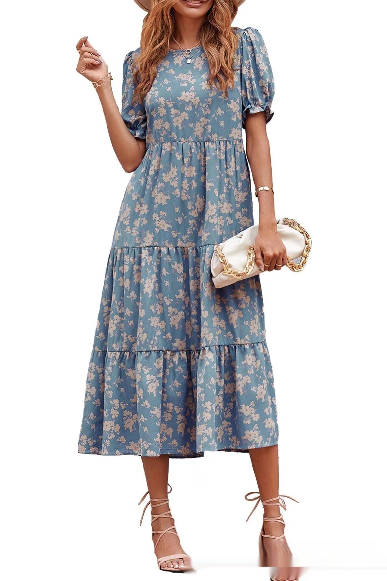Printed Solid Color Round Neck Short Sleeves Casual Pleated Swing Dress Women