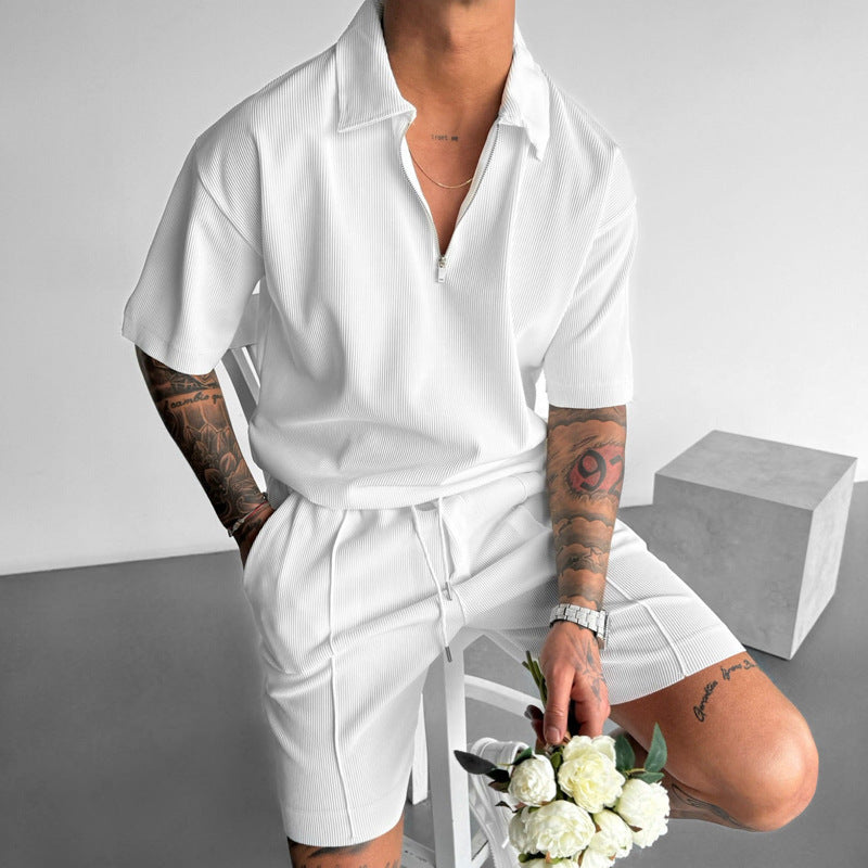 Summer Fashion Mens Clothing Men's Suits New Zipper Polo Casual Short Sleeve Drawstring Shorts Men's Set by http://Lolyshop.shop