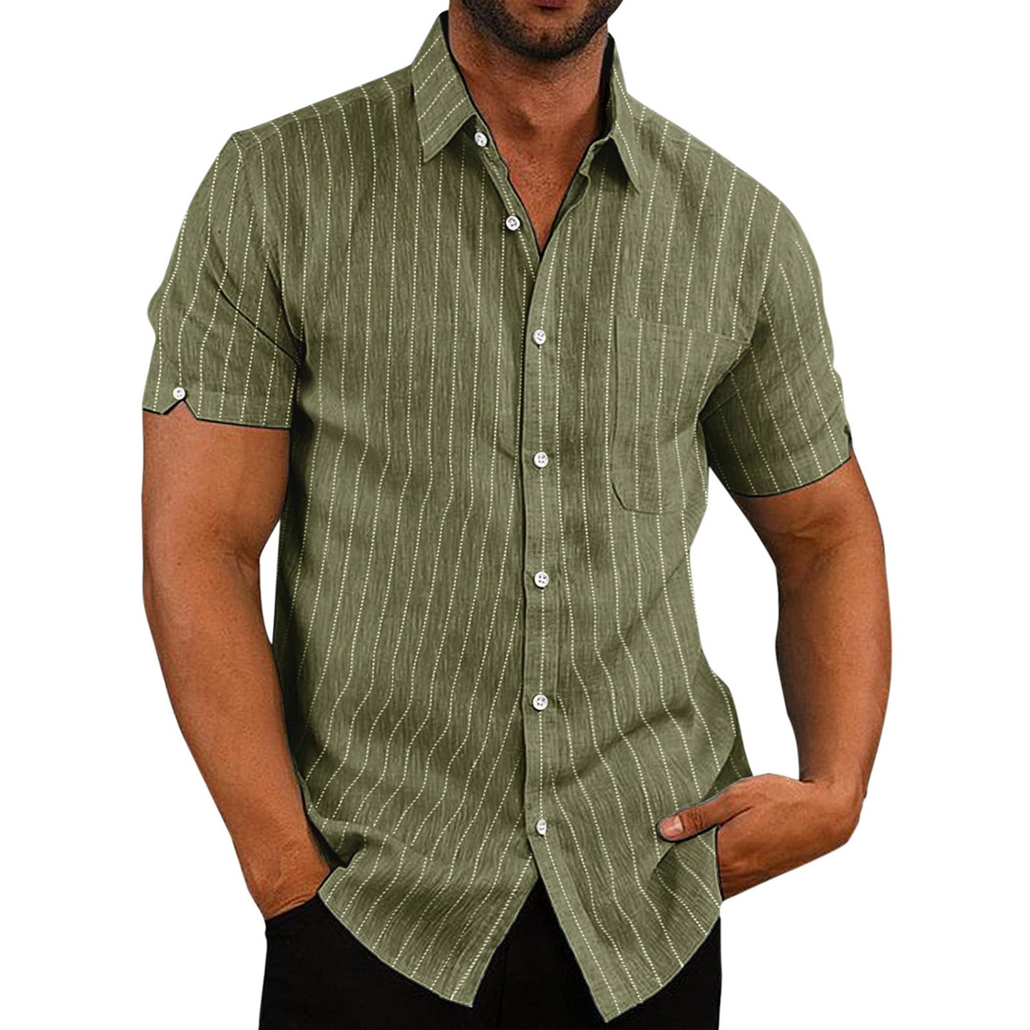Summer Lapels Short Sleeve Solid Color Buttons Men's Striped Shirt Men's Clothing by http://Lolyshop.shop