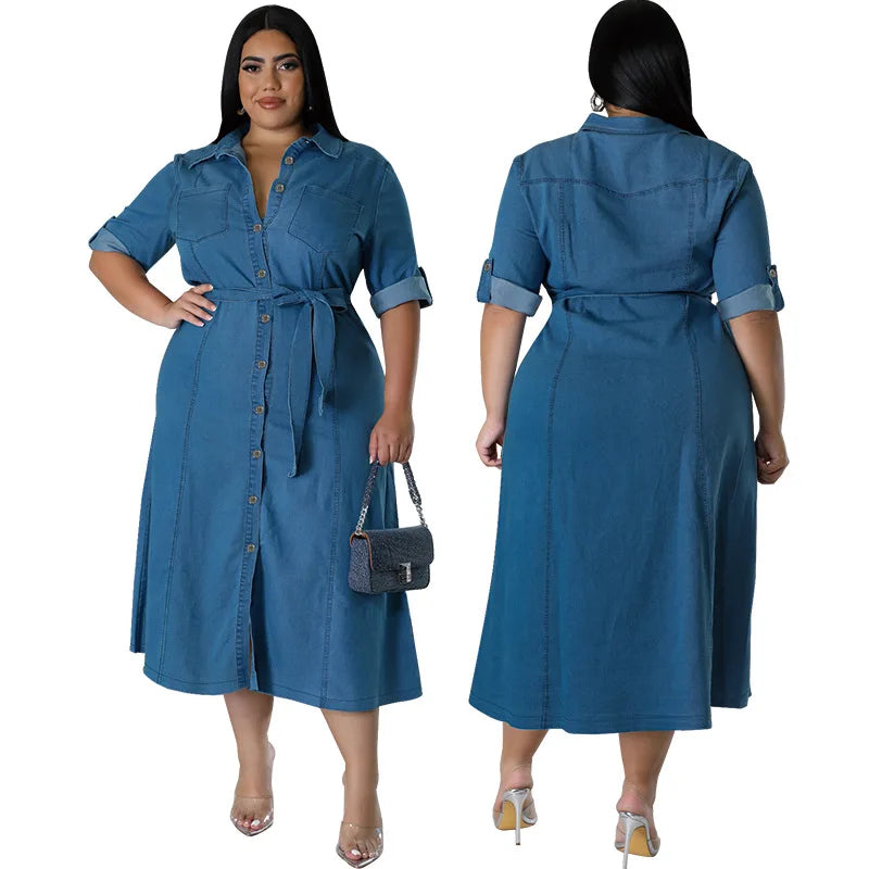 Street Trend Plus-size Women Denim Blouse Dress.New Spring and Summer Fashion Lapel Long-sleeved Single-breasted Dress with Belt by http:// Lolyshop.shop