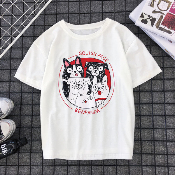 Japanese T-shirt, Chao Brand, Short-sleeved Men and Women\'s Retro Lovers\'T-shirt, Dog Printed Summer Class Clothes