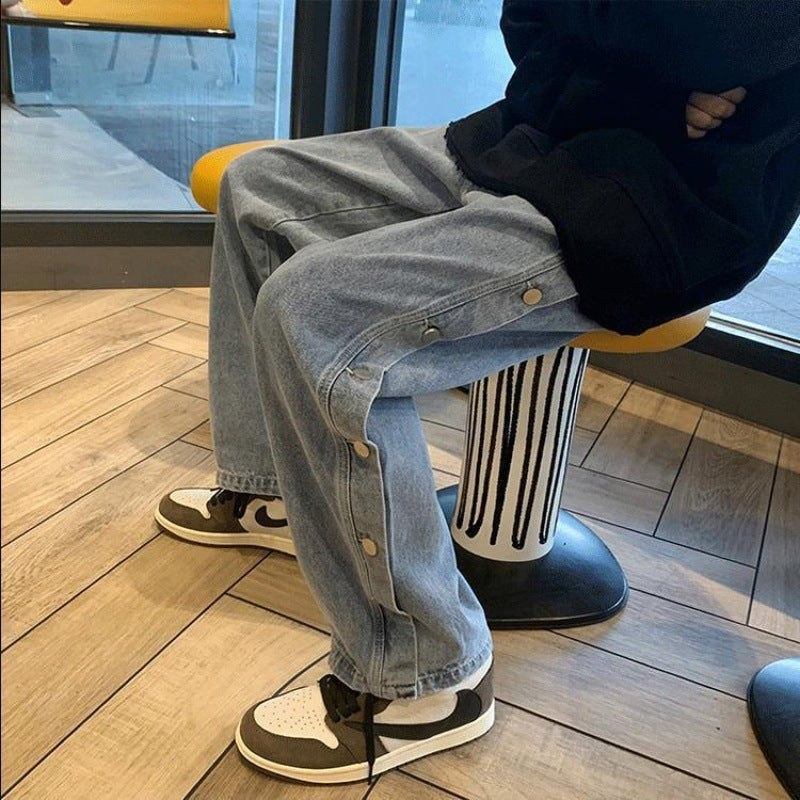 Personalized Side Breasted Pants Straight Leg Jeans Women