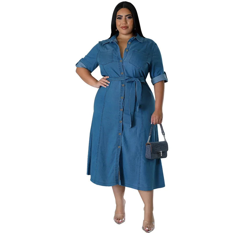 Street Trend Plus-size Women Denim Blouse Dress.New Spring and Summer Fashion Lapel Long-sleeved Single-breasted Dress with Belt by http:// Lolyshop.shop