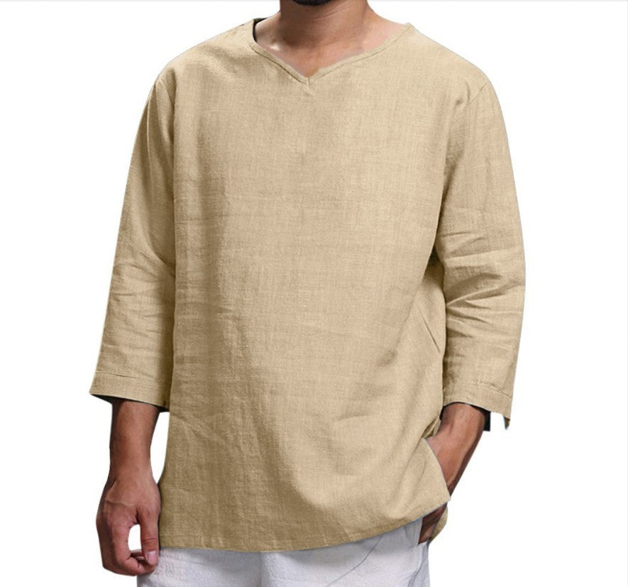 Loose Casual V-neck Top Cotton And Linen Long Sleeve Pullover Shirt Mens Clothing by http://Lolyshop.shop