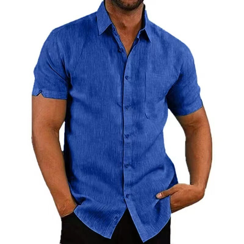 Summer Lapels Solid Color Short Sleeve Button Linen Shirt Men's Clothing by http://Lolyshop.shop