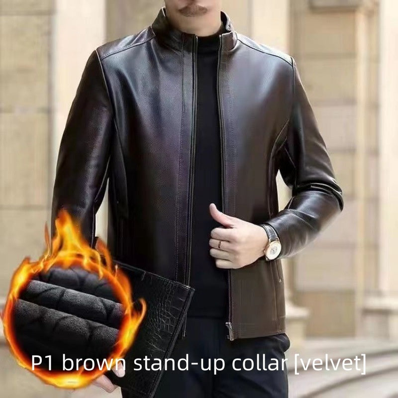 Leather Jacket For Middle-aged Men Leather Clothing With Stand Collar Men Fleece-lined by http://Lolyshop.shop