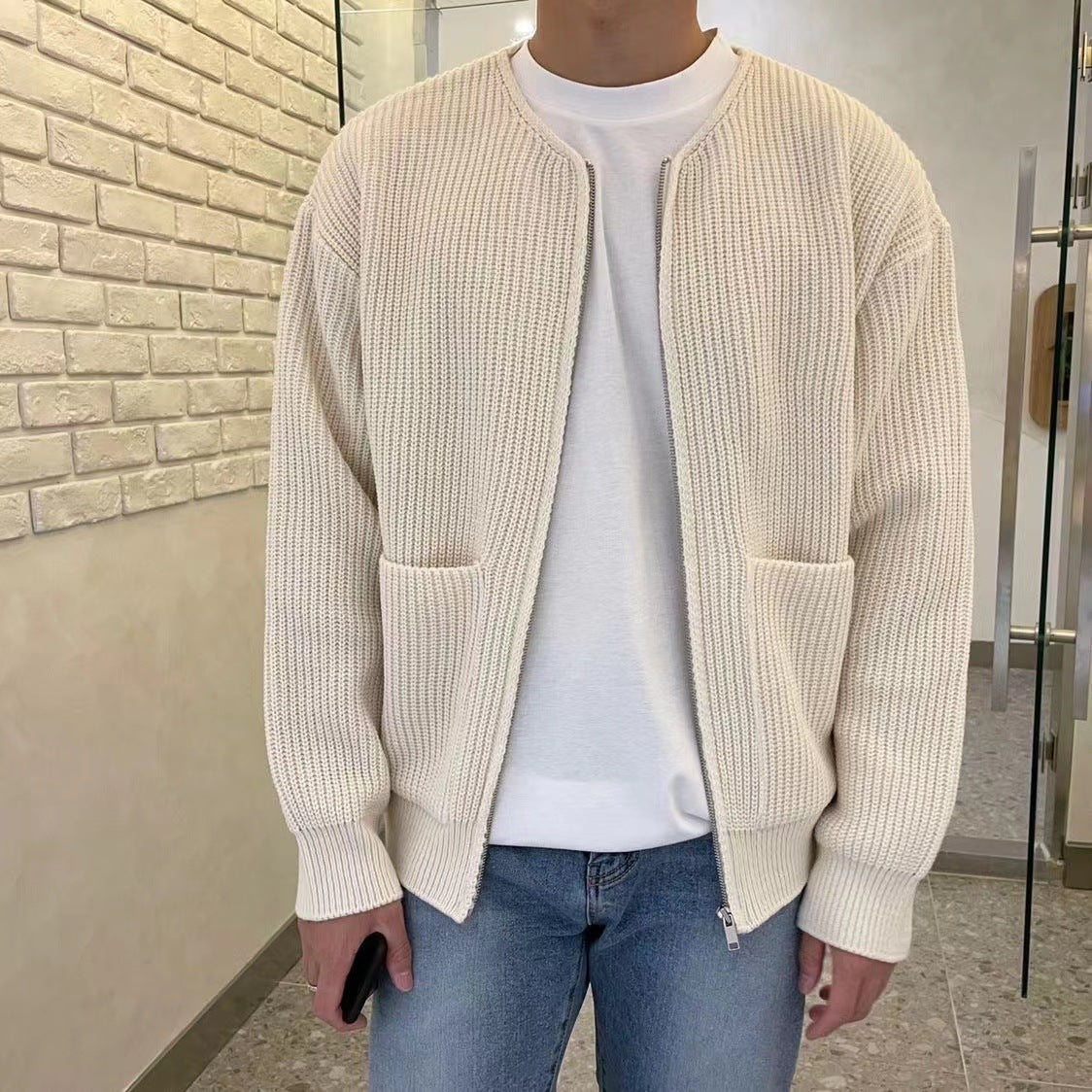 Men Zip Up Knitted Cardigan Lined Funnel Neck Jumper Sweater Pockets Coat All Seasons Comfortable Soft Long Sleeve by http://Loyshop.shop