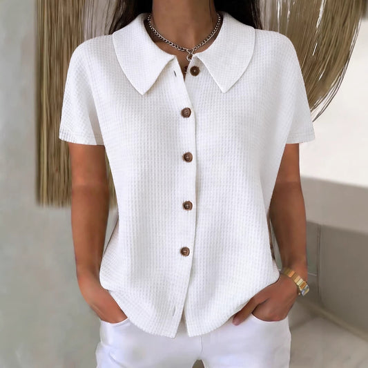 Turn-Down Collar Waffle Weave Solid Color Casual Loose Fit Short Sleeve Shirt - Women's Cotton Blend Lightweight Summer Top For Daily Wear https://Lolyshop.shop